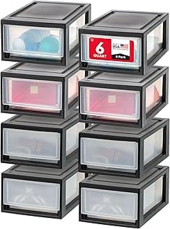 IRIS USA 6 Qt. Plastic Drawer Storage Organizer Stacking Drawers, 8-Pack, Stackable Unit with Sliding Drawer for Clothes Bedroom Kitchen Under Sink Pantry Craft Room Bathroom Dorm Office, Black