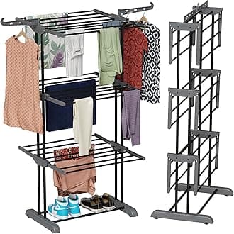 TEX-RO Clothes Drying Stand for Balcony, Foldable, Portable MS Pipe Cloth Dryer Hanging Rack for Indoor, 3 Layer, Grey and Black