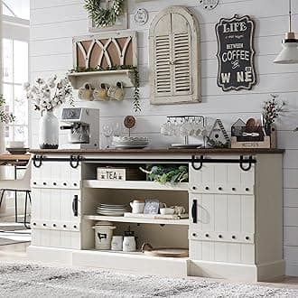 OKD 75" Sideboard Buffet Cabinet with Storage, Farmhouse TV Stand w/Sliding Barn Door, Rustic Long Coffee Bar, Large Buffet Table for Dining Room, Kitchen and Living Room, Antique White
