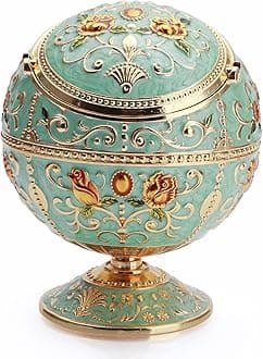 MALAYAS Vintage Windproof Cigar Ashtray, Light Green Alloy, Hand Stamped Pattern, Portable, with Lid and Odor Eliminator, ASHTRAY, Medium, Round, Enamel, Modern, Vintage, Green, Nickel