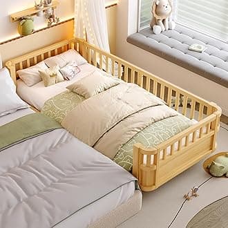 Bellemave Twin XL Montessori Bed with Fence and Slats, Twin XL Low Platform Bed Frame with Detachable Side Bed Rails and Rounded Corner Design, Easy Assemble Montessori Bed Natural