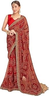 SIRILWomen's Georgette Bandhani Printed Sequence Embroidery Lace Saree With Unstitched Blouse Piece