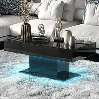 Modern Black Coffee Table for Living Room, Living Room Table Rectangular Center Table, High Glossy Wooden Coffee Tables with 16 Colors LED Lights for Dining Reception Room