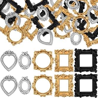 Vicenpal 40 Pcs Vintage Resin Picture Frame Antique Photo Resin Frame Mini Resin Jewelry Display Frame Photography Photo Frame DIY Small Photo Frame for Photo Home Decoration (Black,Gold,Silver)