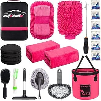 AUTODECO 22Pcs Car Wash Cleaning Tools Kit Car Detailing Set with Canvas Bag Pink Collapsible Bucket Wash Mitt Sponge Towels Tire Brush Window Scraper Duster Complete Interior Car Care Kit