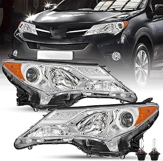 Headlight Assembly Fit for 2013 2014 2015 Rav4, 13 14 15 Rav 4 Halogen Headlamp Replacement Driver and Passenger Side Chrome Housing with Amber Reflector Bubls Included