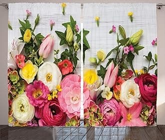 Ambesonne Rustic Curtains, Bunch of Flowers Ranunculus on Wood Backdrop Rose Floral Arrangement Spring Pattern, Living Room Bedroom Window Drapes 2 Panel Set, 108" X 108", Pink Grey
