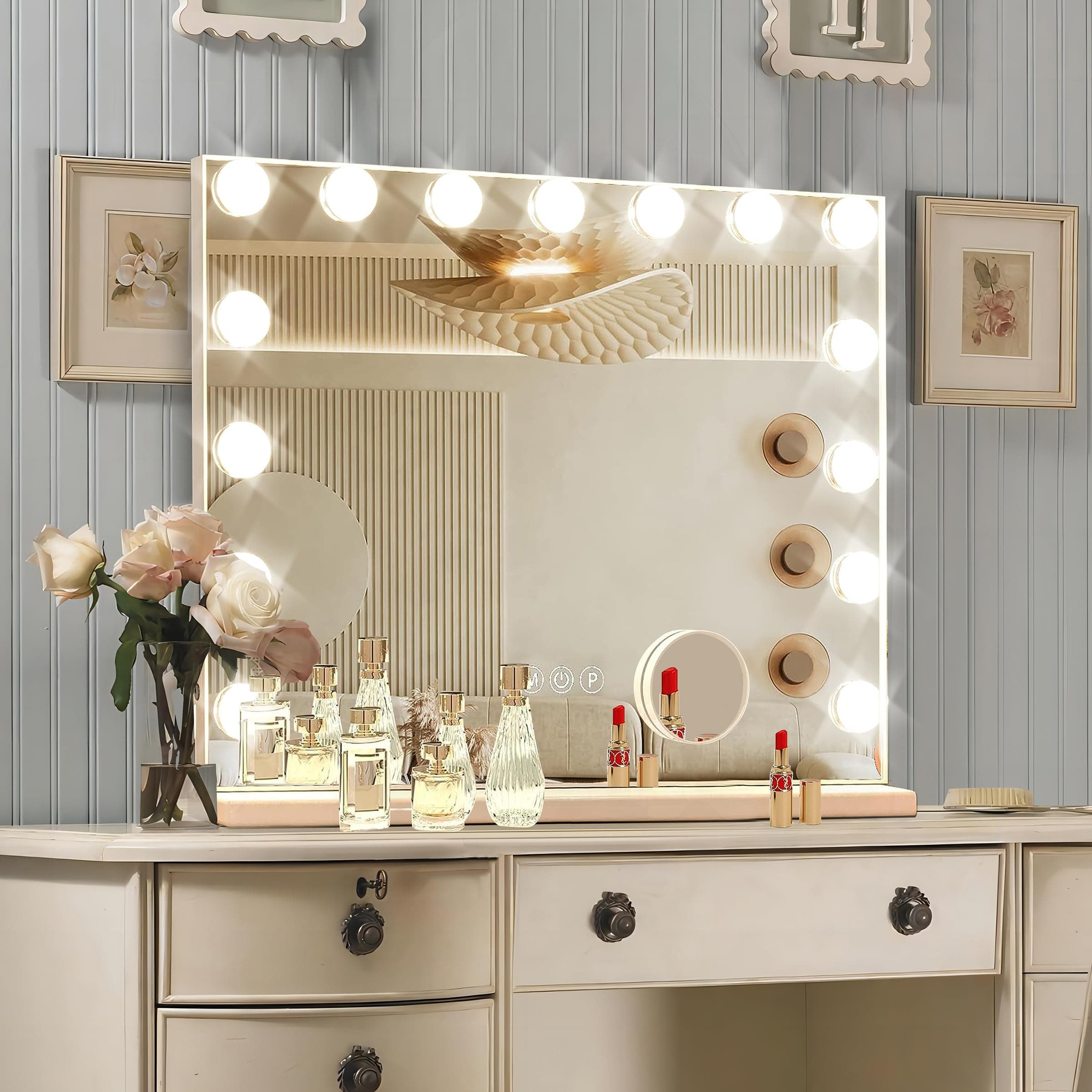MooneeHollywood Vanity Mirror with Lights, 15 Replaceable Bulbs，3 Color Lights，Make Up Lighted Mirror, Aluminum Metal Frame,USB Charging Port（23" x 18"）