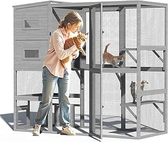 Catio Outdoor Cat Enclosure, Large 4 Tiers Cat Catio Connect to Window for Outdoor Indoor Cats with Weatherproof Roof, Resting Rooms, Platforms, Large Door, 76" L x 32.9" W x 70.8" H, Grey