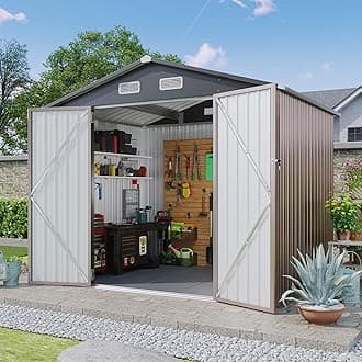 Aoxun 7x5 FT Outdoor Storage Shed with Floor Garden Metal Shed with Lockable Door Outdoor Large Shed for Tool, Garbage Can, Bike, Mower, Brown