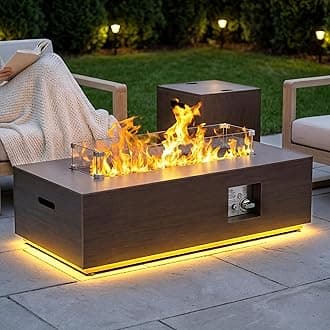 Outdoor Fire Pit Table Propane Gas Fire pits &Outdoor Fireplaces Rectangular Firepit Table, 50,000 BTU Fire Table for Patio Set (42'' Light Brown with LED Golden Light)