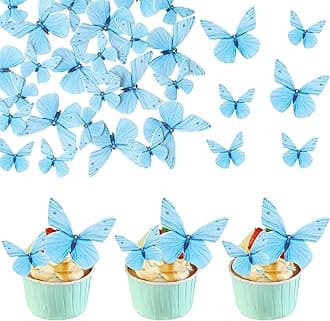 Ephlyn 72Pcs Edible Butterfly Cupcake Toppers 3D Realistic Butterfly Cake Picks Cute Cupcake Decorations for Baby Shower Theme Boys Girls Birthday Party Decorations Blue