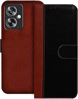 Hupshy Faux Leather Flip Case Back Cover for Oppo A79 5G Foldable Stand and Inside Card Pocket|Shockproof with 360 Degree|Magnetic Clutch Folie (Black and Brown)