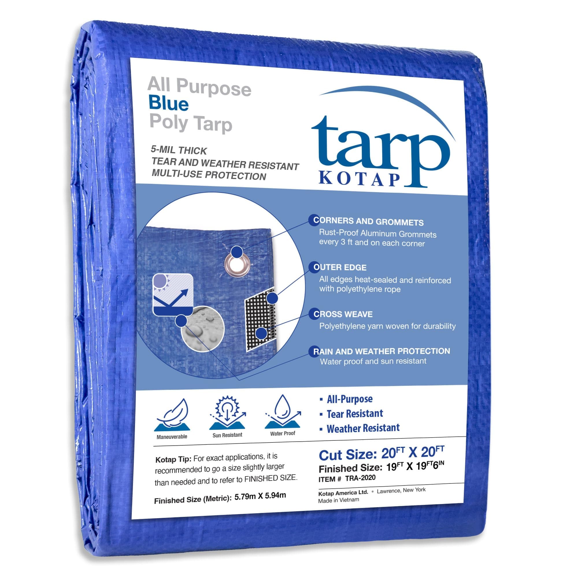 Kotap TRA-2020 Waterproof All- Purpose Multi-Use 5-mil Poly Tarp, Blue, Cut Size: 20 x 20'/Finished Size: 19' X 19' 6"