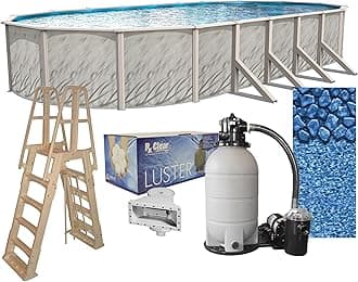 Lake Effect Pools 'Meadows Reprieve' 15 ft x 24 ft Oval Above Ground Swimming Pool Bundle | 52 Inch Steel Sided Walls | Kit Includes: 25 Gauge Liner, A-Frame Ladder, Sand Filter/Pump, & Skimmer