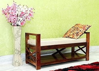 TG Furniture Solid Sheesham Wood Bench with Cushion & Storage Shelf | Wooden 3 Seater Sitting bench for Living Room, Bedroom, Entryway & Balcony | Hallway Sitting Benches for Home Dcor, Natural Finish