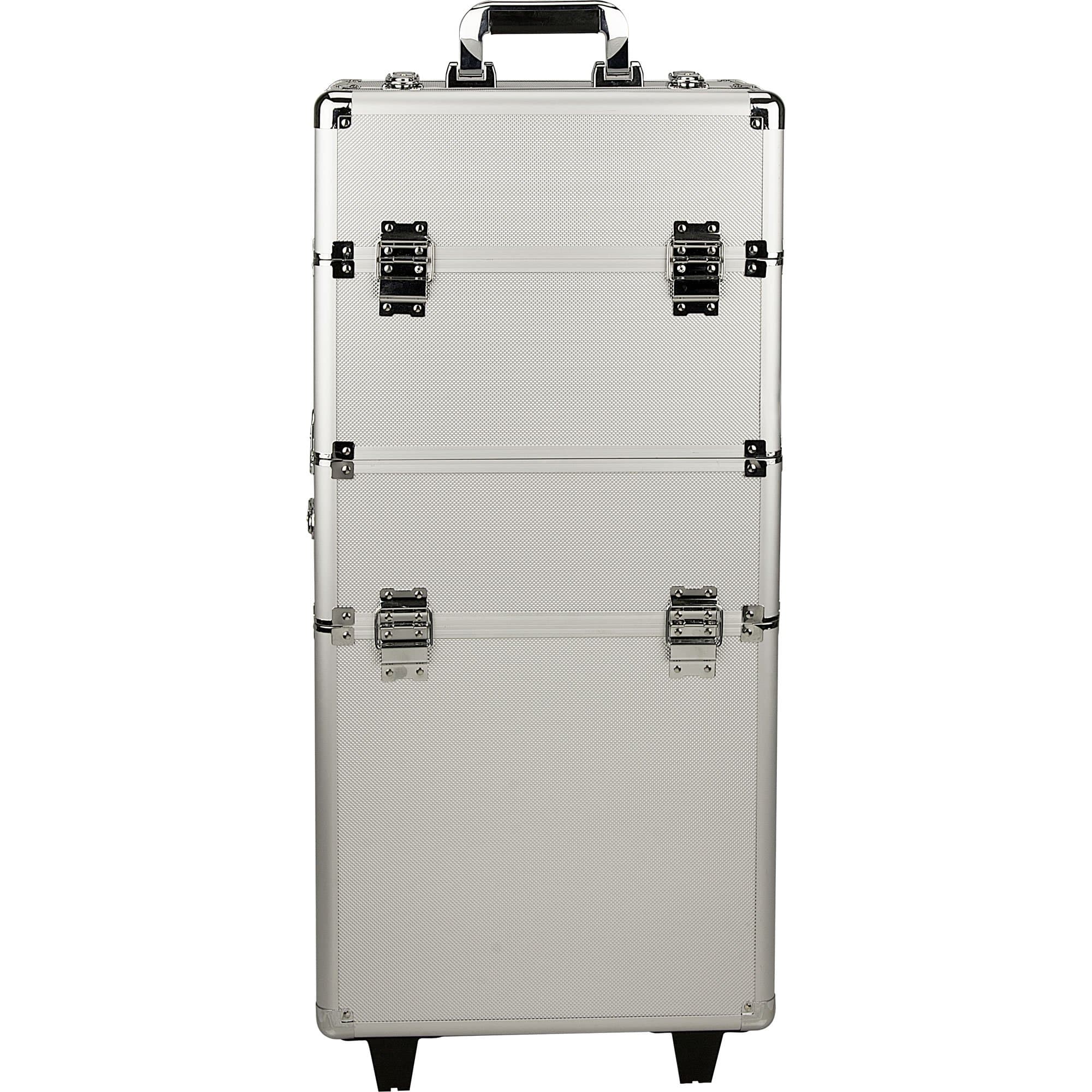 Professional Rolling Aluminum Cosmetic Makeup Case and Extendable Trays, Silver Dot