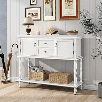 ARTPOWER Console Table with 2 Drawers, Retro Entryway Table with 2 Door Cabinets and Open Storage Shelf, Narrow Long Behind Couch Sofa Table for Living Room, Foyer, Hallway, White