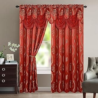 Elegant Comfort Luxurious Beautiful Curtain Panel Set with Attached Valance and Backing 54" X 84 inch (Set of 2), Red