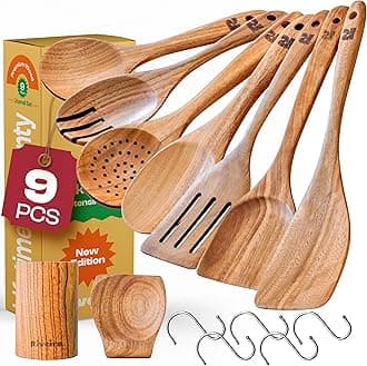 Riveira 9pc Wooden Spoons For Cooking – 9 Piece Teak Wooden Cooking Utensils For Cooking – Wooden Utensil Set with Holder & Spoon Rest – Premium & Durable Non Toxic Cooking Utensils
