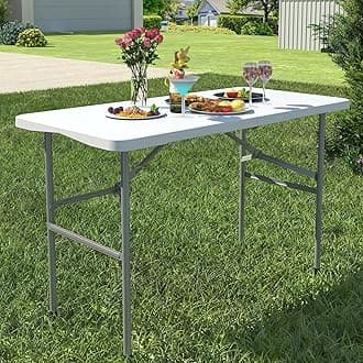 Foldable Table 4ft, Plastic Folding Table, Portable Heavy Duty Dining Tables with Lock Function & Carrying Handle, Outdoor Indoor Foldable White Tables for Camping Party Picnic, White