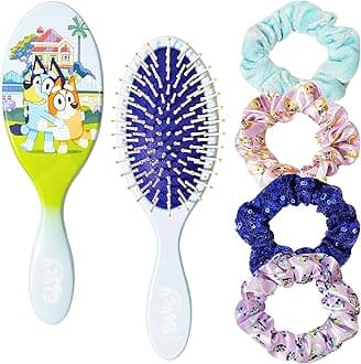 Bluey Hair Accessory 5 Pcs Set - 1 Regular 9 inch Bluey HairBrush For Girls + 4 Bluey Scrunchies For Kids - Accessories For Girls - Detangling Brush - Elastic Hair Ties Ropes Scrunchies Ages 3+