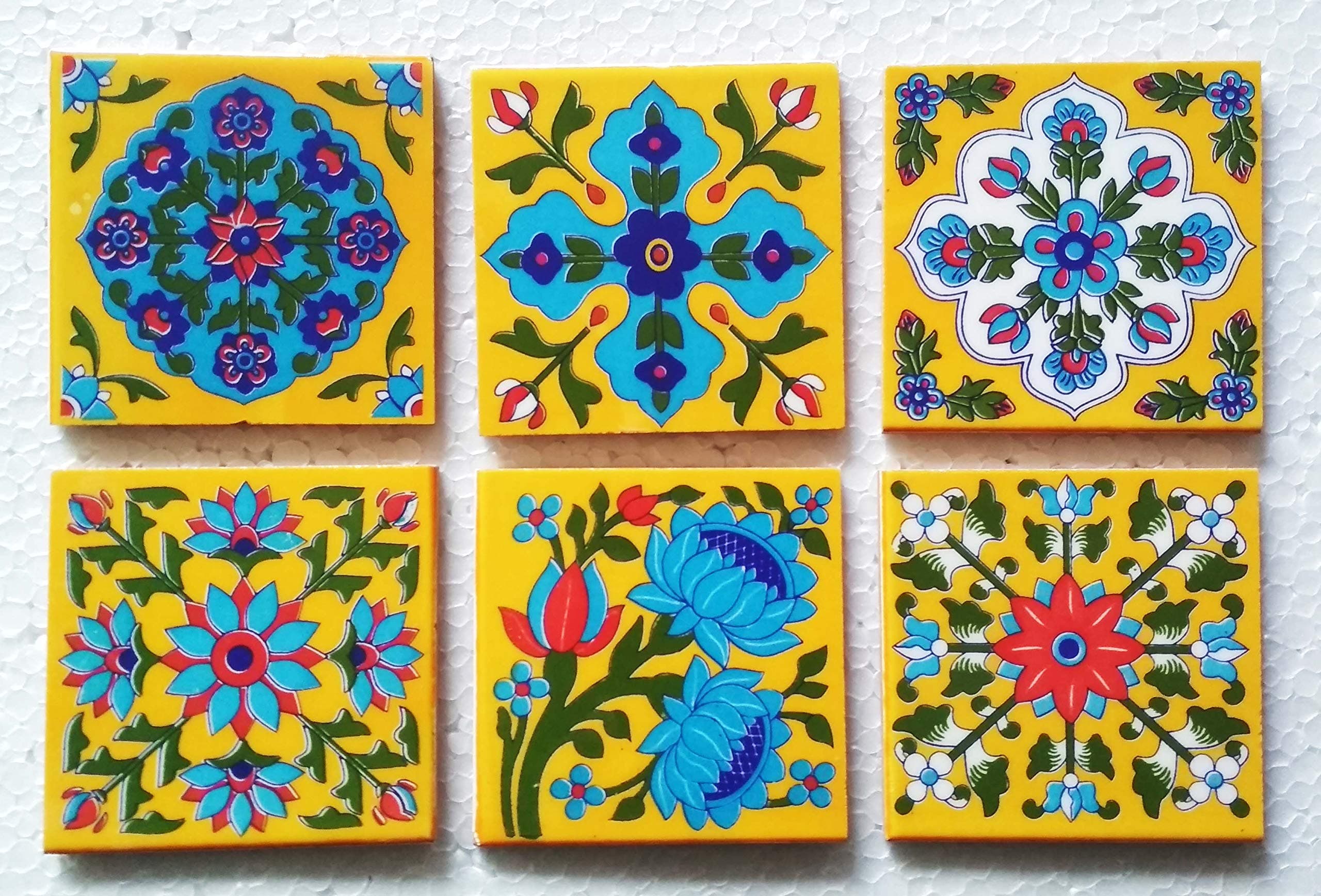 Shiv Kripa Blue Pottery Decorative Multi Patterned Ceramic 4 x 4 inch Tiles (Pack of 6 Tiles)