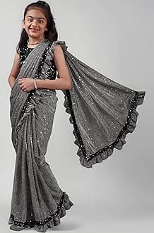 Kids Girls Lycra Blend Saree With Unstitched Sequence Blouse Piece (3-4 yrs to 11-12 yrs) (Grey, 9-10 Years - L)
