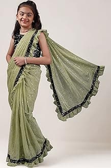 Kids Girls Lycra Blend Saree With Unstitched Sequence Blouse Piece (3-4 yrs to 11-12 yrs) (Pista, 8-9 Years - L)