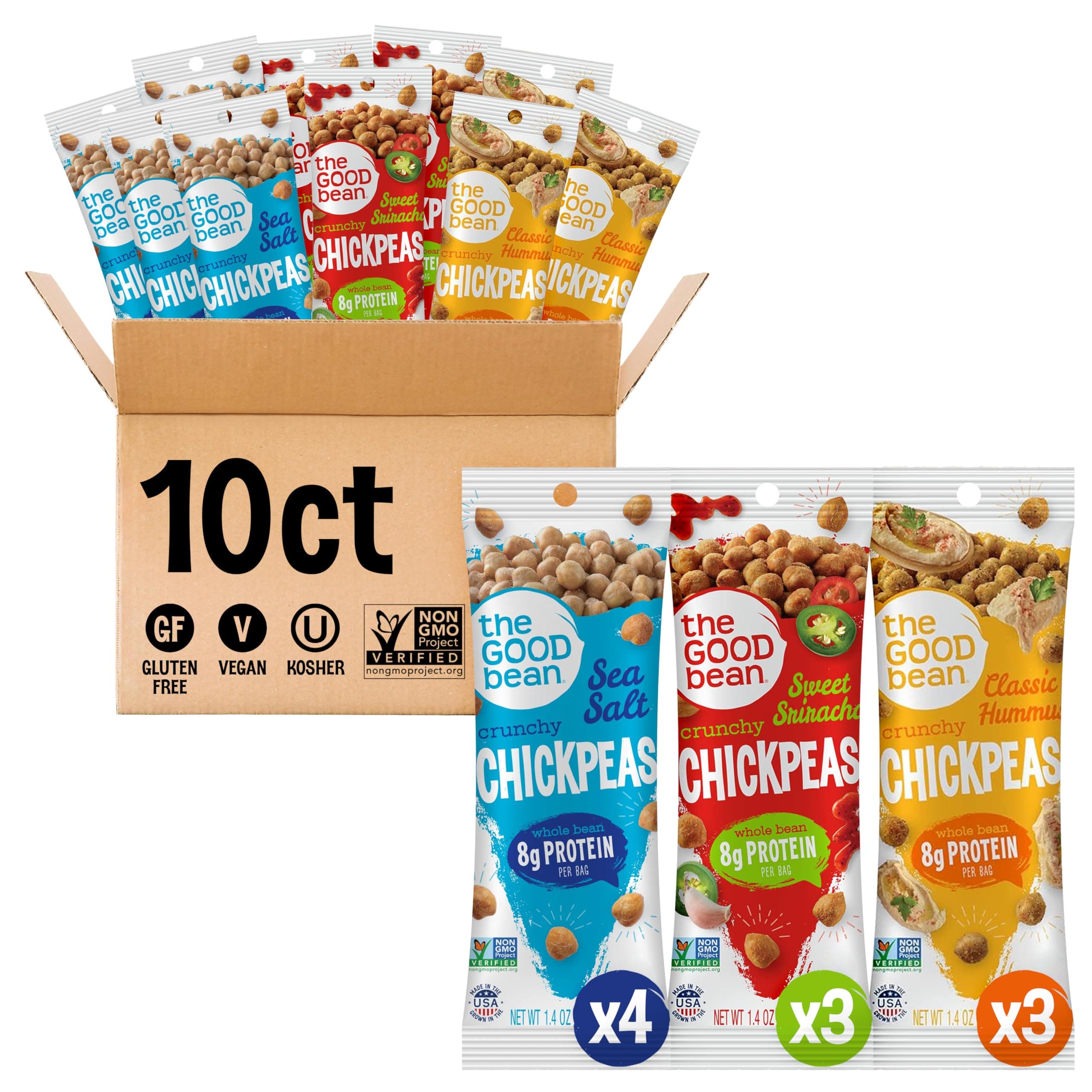 Crunchy Chickpeas - Variety Pack - (10 Pack) 1.4 oz Packet - Sweet Sriracha, Sea Salt, and Classic Hummus Roasted Chickpea Beans - Vegan Snack with Good Source of Plant Protein and Fiber