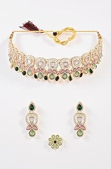 Green Pink Stones Austrian Diamonds Embellished Choker Necklace Earring & Ring Set For Women-ZPFK17672