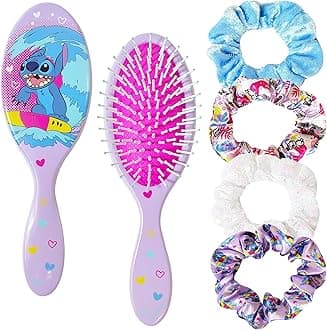 Lilo & Stitch Hair Accessory 5 Pcs Set - 1 Regular 9 inch Stitch Hairbrush & 4 Scrunchies - Detangling Brush - Elastic Hair Ties Ropes for Girls, Ages 3+