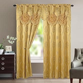 Aurora Jacquard Look Curtain Panel Set with Attached Valance 54" X 84 inch (Set of 2), Gold