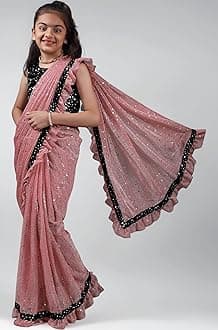 Kids Girls Lycra Blend Saree With Unstitched Sequence Blouse Piece (3-4 yrs to 11-12 yrs) (Pink, 7-8 Years - L)