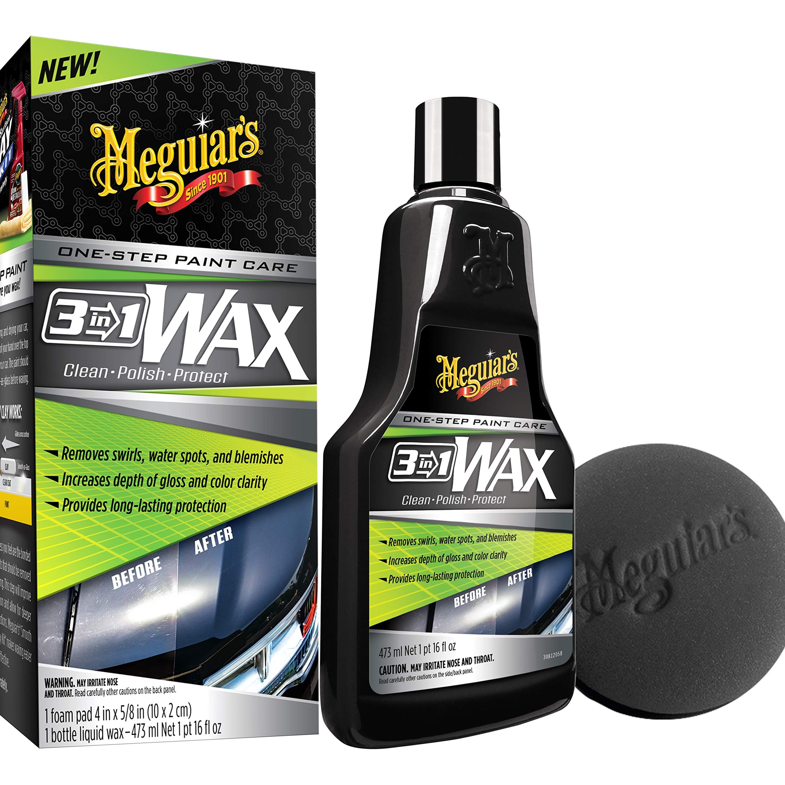 Meguiar's 3 in 1 Wax - Advanced Cleaner Wax Blended for Defect and Scratch Removal High Gloss for Car Polishing Long Lasting Paint Protection All-in-One Step 16oz Liquid Wax