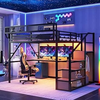 Mirightone Queen Loft Bed with Desk and RGB Light, Metal Loft Bed Frame with Stairs and Bedside Shelf, Heavy-Duty Lofts Beds with Storage Shelves and Wardrobe for Kids Teens, Black