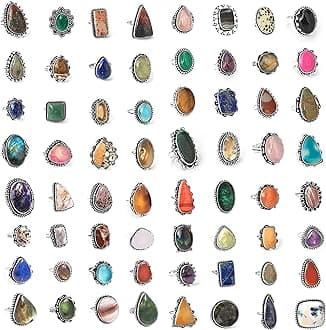 Chunky Silver Rings Pack for Women - 20 Pcs - Stackable Fashion Ring Set, Silver Plated Statement Knuckle Handmade Gemstone Gothic Vintage Rings for Girls (GB Size L to U)