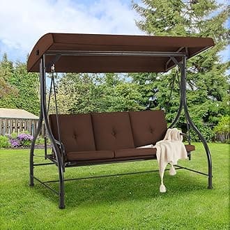 AECOJOY Porch Swing Chair, 3 Seats Porch Swing Adjustable Backrest & Canopy Outdoor Swing with Stand Patio Swing Bed with Removable Brown Cushions