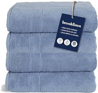 BrooklinenSuper-Plush Turkish Cotton Bath Towels Includes 4 Bath Towels Cotton, 820 GSM, Highly Absorbent, Machine Washable, Perfect for Home & Bathroom (Ocean Blue)