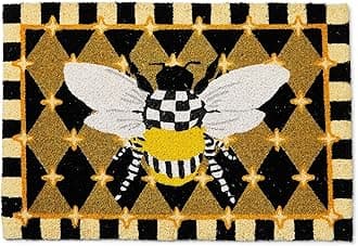 MACKENZIE-CHILDS Entrance Mat, Decorative Outdoor Coir Doormat, Honeycomb with Bees, Black, 24" x 36"