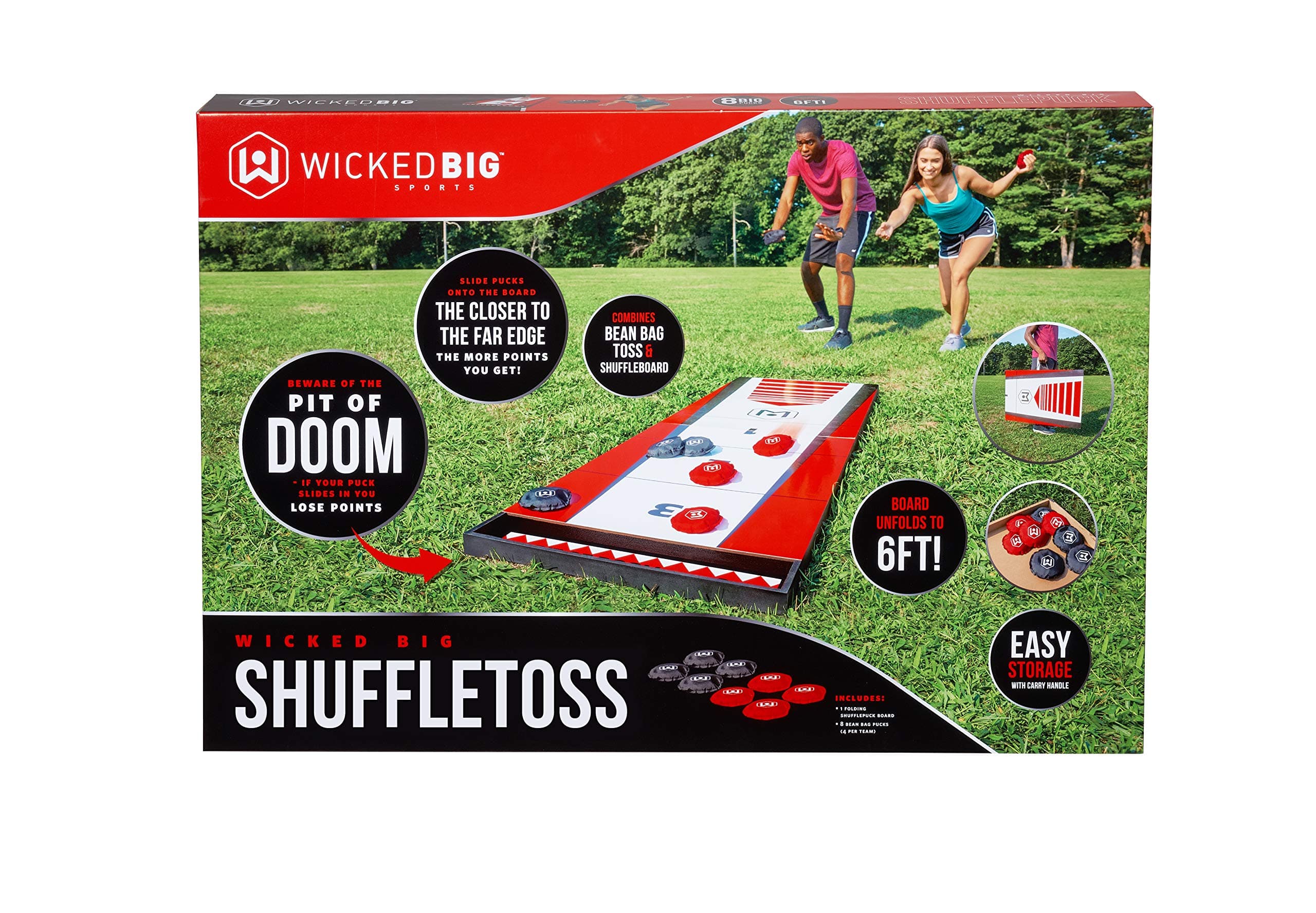 Shuffle Toss-Supersized Game Combining Shuffle Board & Corn Hole Portable Outdoor Sport Tailgate Backyard Beach Game, Red