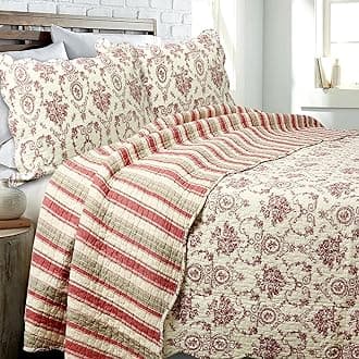 Cozy Line Home Fashions French Medallion Beige Burgundy Red Rose Flower Pattern Printed 100% Cotton Bedding Quilt Set Reversible Coverlet Bedspread for Women Men (Burgundy Red, Queen - 3 Piece)