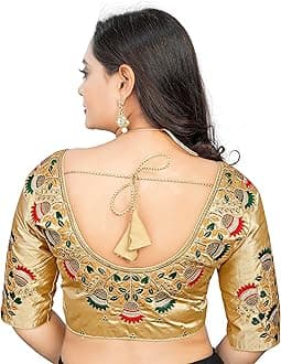 Cotton Silk All Over embrodered Round Neck Cutwork Half Sleeves Saree Blouse Readymade Crop Top Choli for Girls & Womens Free Size (503)