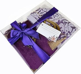 SAIKA Prayer Rug Set with Thanks Card, Full Arabic Quran Prayer Rug, Beads and Car Hanger Set,Ramadan Eid Wedding Birthday Graduation Mother's Day (Purple)