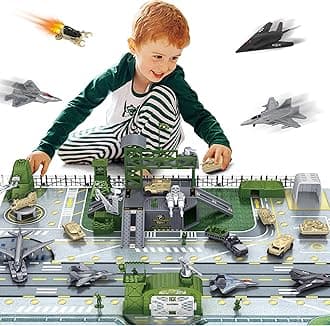 Army Toys, Military Airplane Tank Toy Sets with 13 Vehicles, Trucks, Helicopter, Fighter Jet, Play Mat with Army Men Action Figures and Accessories, Birthday Gift for Boys