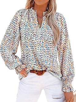 Womens V Neck Floral Long Sleeve Tops 2026 Summer Casual Loose Puff Sleeve Chiffon Boho Work Blouse Dressy T Shirts