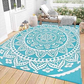 Bsmathom Waterproof Outdoor Rug 9x12ft Large Reversible Boho Plastic Straw Patio Deck Camping Rugs, Indoor Outdoor Portable RV Mat Carpet for Outside, Porch, Balcony, Backyard, Beach, Pool,Teal