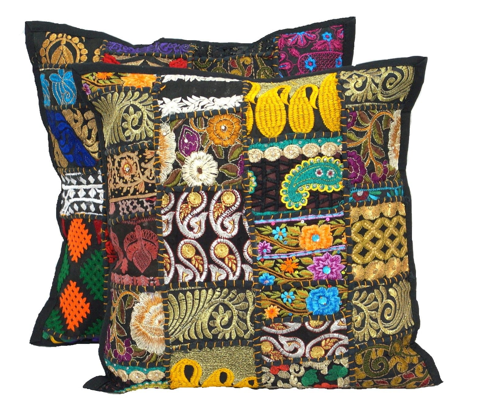 2pc Indian Ethnic Pillow Covers , Sari Patch Throw Handmade Patchwork Cushion Pillow , Embroidered Sari Patchwork Cushion Cover 16x16" Pillow Bohemian Black