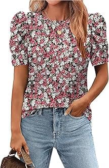 ZeagooBlouse for Women Dressy Casual Puff Short Sleeve Boho Tops Fashion Floral Crew Neck Tunic Shirts Summer Clothes