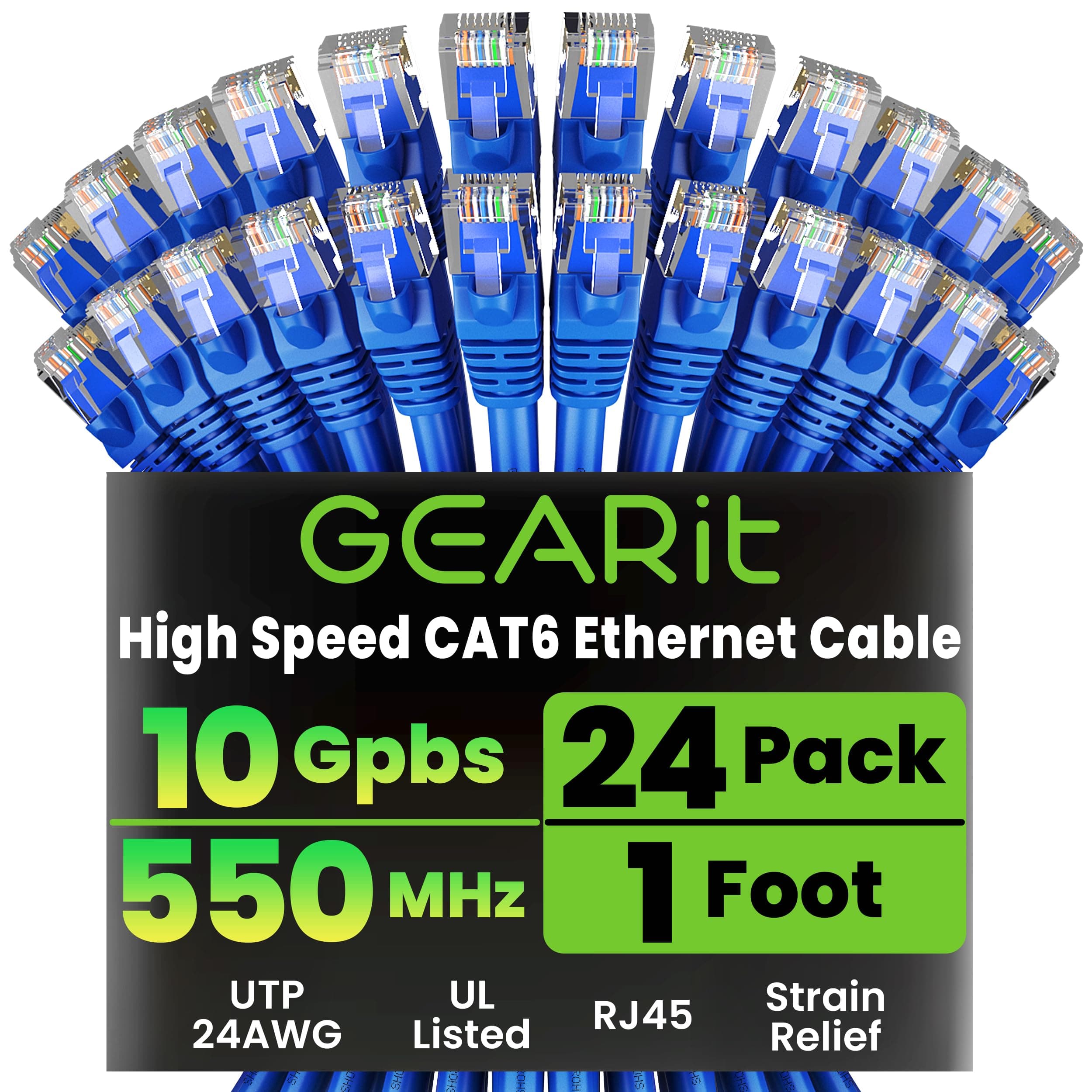 - GEARit Cat 6 Ethernet Cable 1 ft (24-Pack Cat6 Ethernet Patch Cables 1ft) Blue, Cat 6 High Speed 24AWG 10Gbps RJ45 Snagless Gold-Plated, Cat 6 Ethernet Cable for Router, Switch, PC, PS5 Gaming, Server